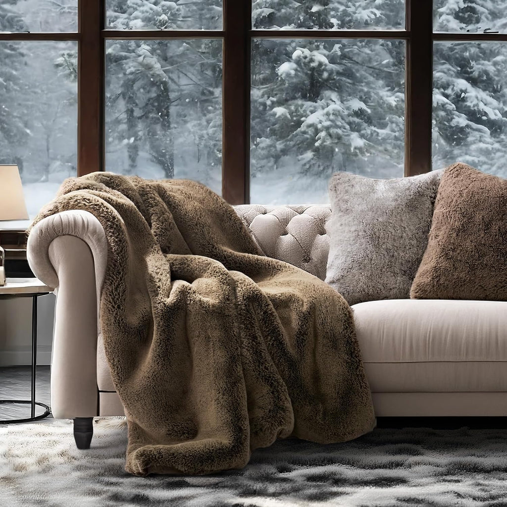 Faux Chinchilla Fur Throw Blanket, 50"x60", Brown Sable | Luxury, Super Soft, 1220GSM, Fluffy Cozy Mink, Reversible