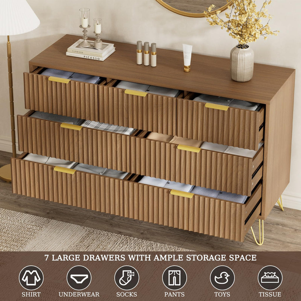 Fluted Dresser, Walnut 7 Drawer Dresser with Gold Handles and Wide Drawers, Wood Chest of Drawers (Walnut)