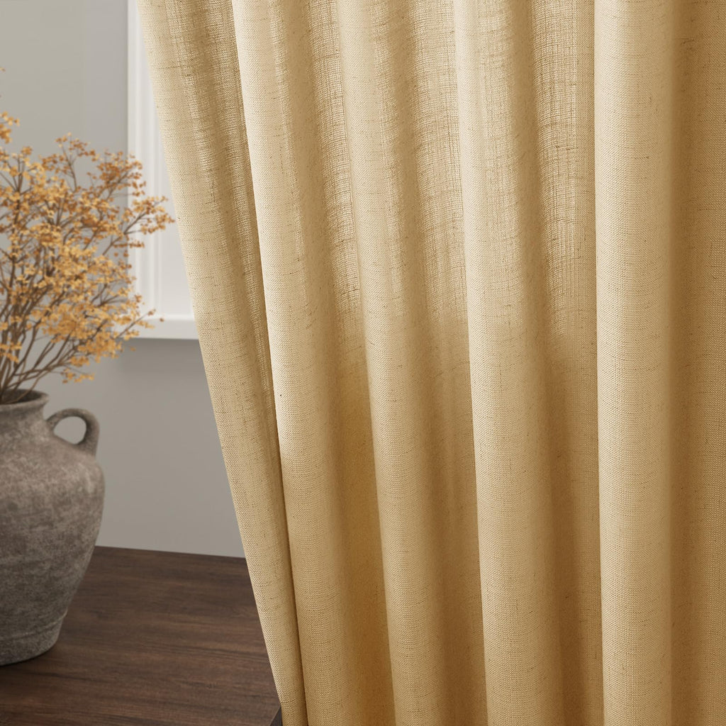 Gold Yellow Linen Curtains 63 Inches Long 2 Panel Set Light Filtering Linen Drapes Windows Rod Pocket Back Tab Short