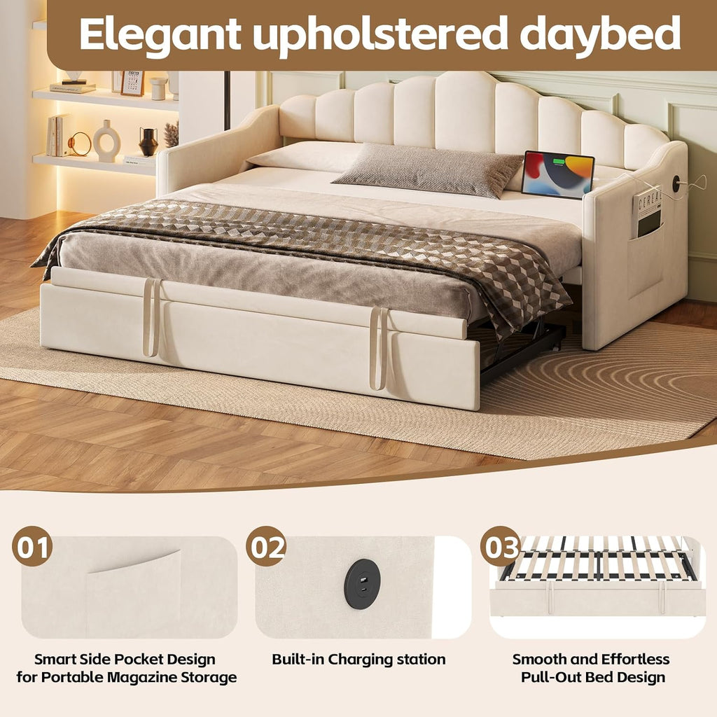 Daybed with Pop Up Trundle, Twin to King Sofa Bed Frame (Beige) | Velvet Upholstered, USB & Type-C Charging Port, 2