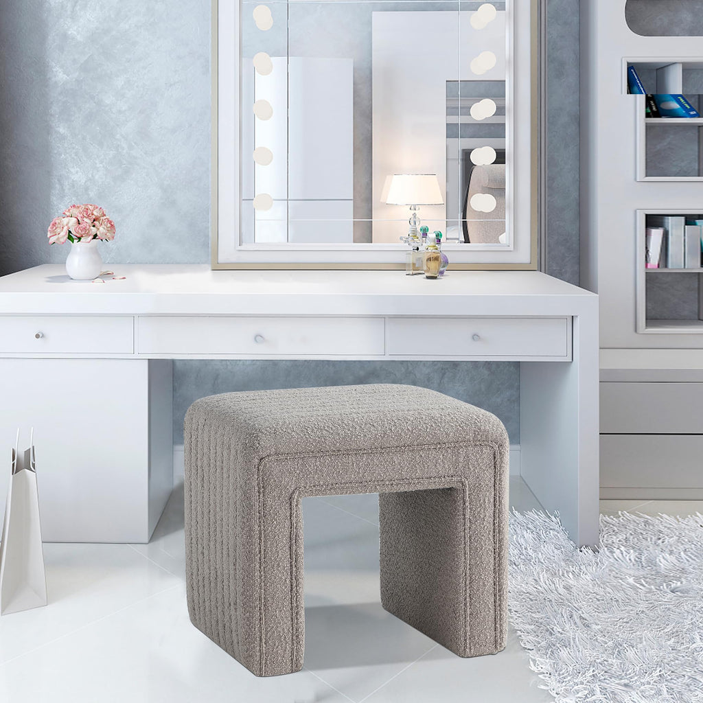 Vanity Stool Chair, Fully Assembled Modern Boucle Ottoman Footstool with Wooden Legs, Multifunctional Upholstered
