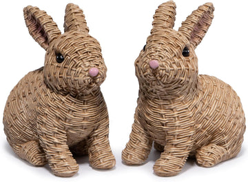 Woven Easter Bunny Figurines - 4.8" Tall White Rabbit Resin Sculptures with Handcrafted Wicker-Style Design - Set of 2