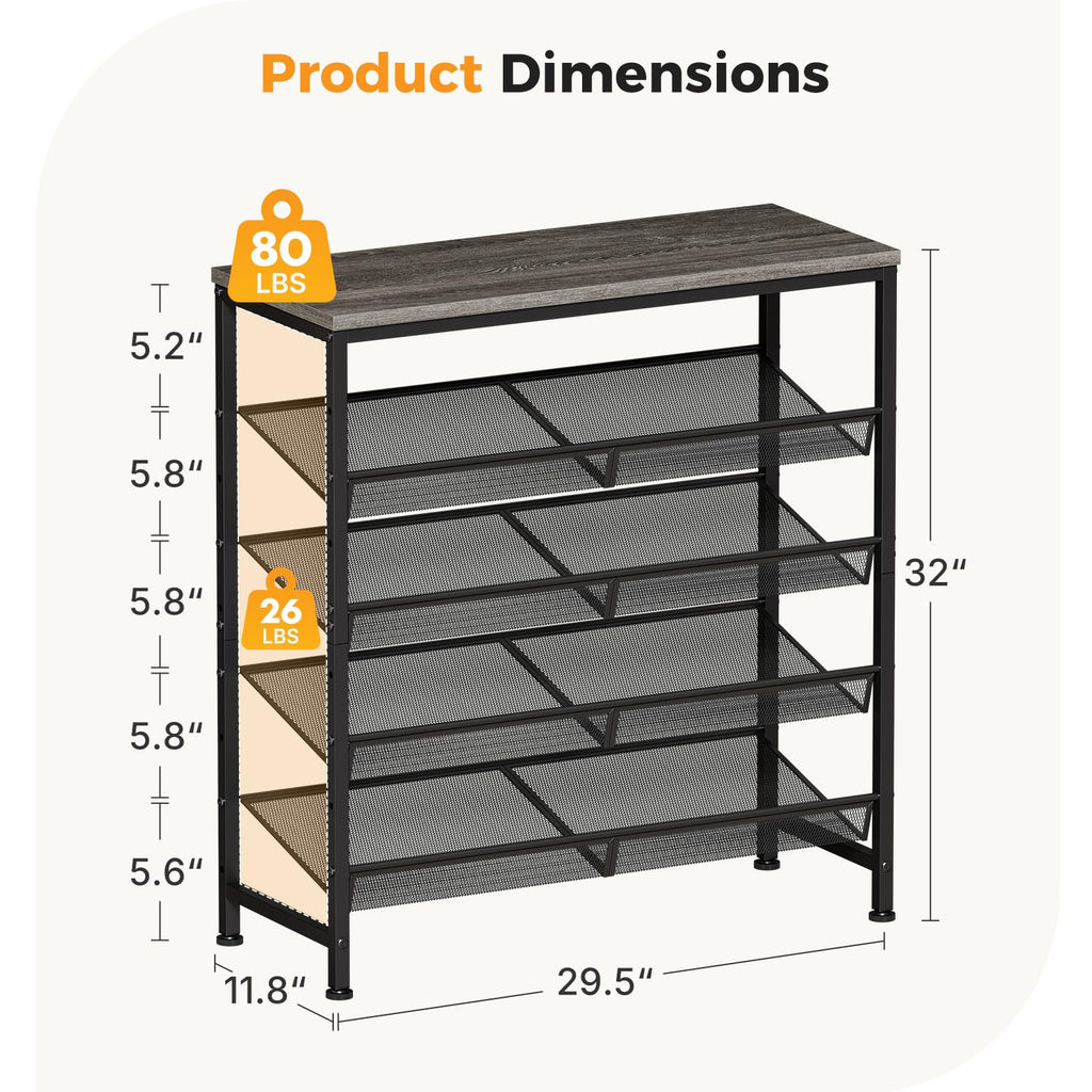 5 Tiers Shoe Rack, Metal, Adjustable, 29.5" W, Gray