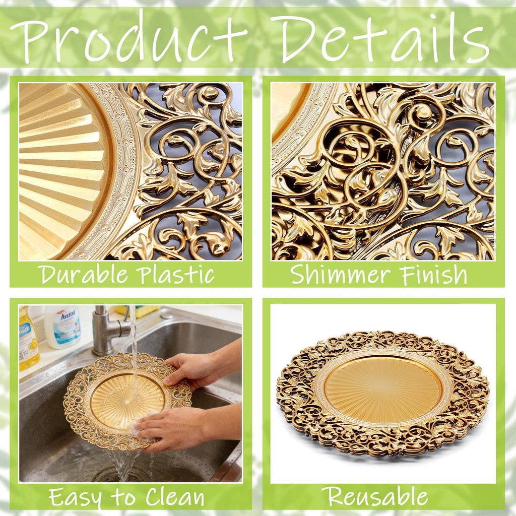 Inch Gold Plastic Charger Plates Set - 12 Pack, Elegant Round Disc Chargers for Table Setting, Decorative - Set of 12