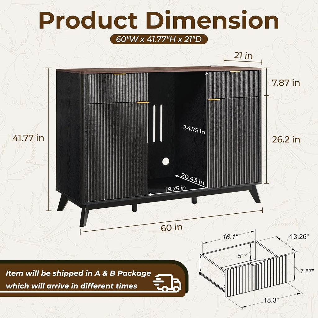 60" Fluted Coffee Bar Cabinet with Mini Fridge Space, Black and Walnut | Mini Fridge Compatible, Built In Charging