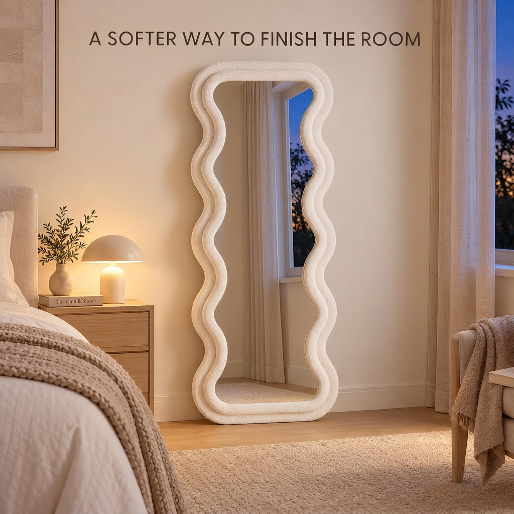 Full Length Wavy Mirror, 63"x24", Arched Floor & Wall Mirror - Standing, Hanging or Leaning - Flannel Wrapped Wooden