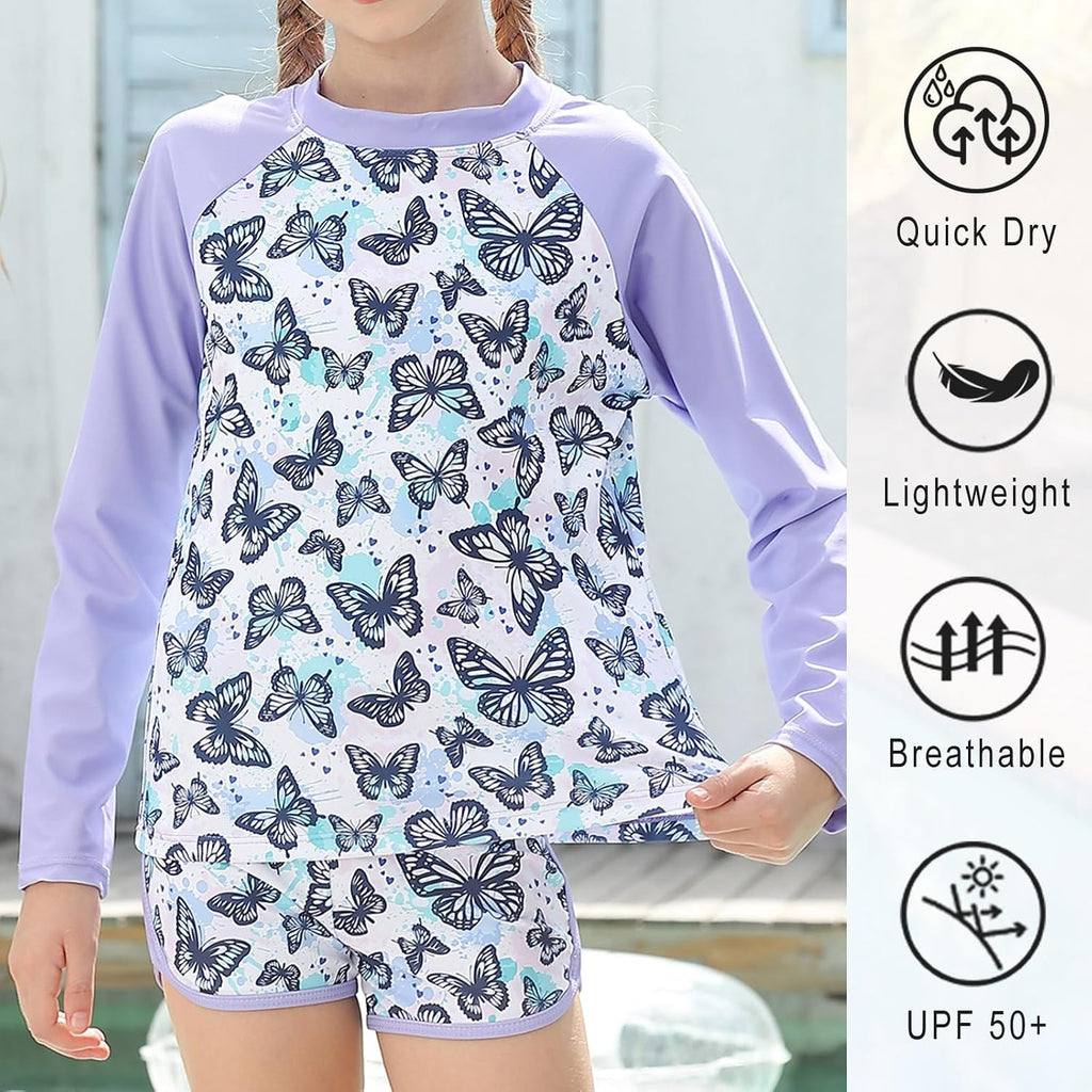 Girls Rash Guard Two Pieces Long Sleeve Swimsuit Sets