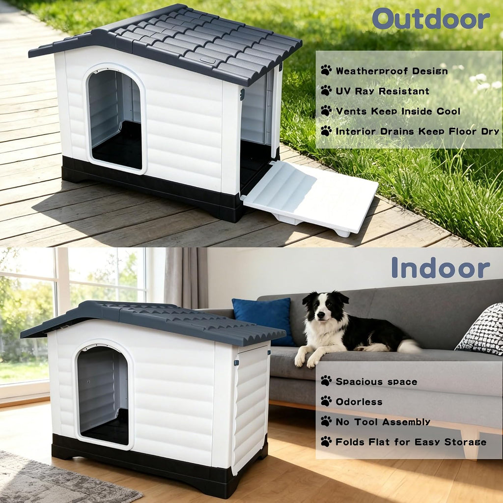 2-Door Large Dog House for Indoor and Outdoor Dog House with Fold-Out Porch Elevated Base, Waterproof Pet House