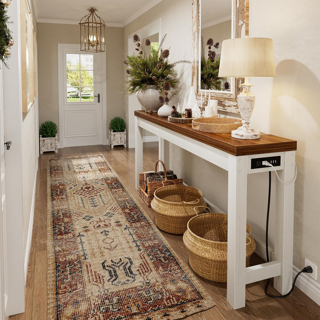 63" Console Table with 2 AC Outlets & 3 USB Ports, Rustic Oak