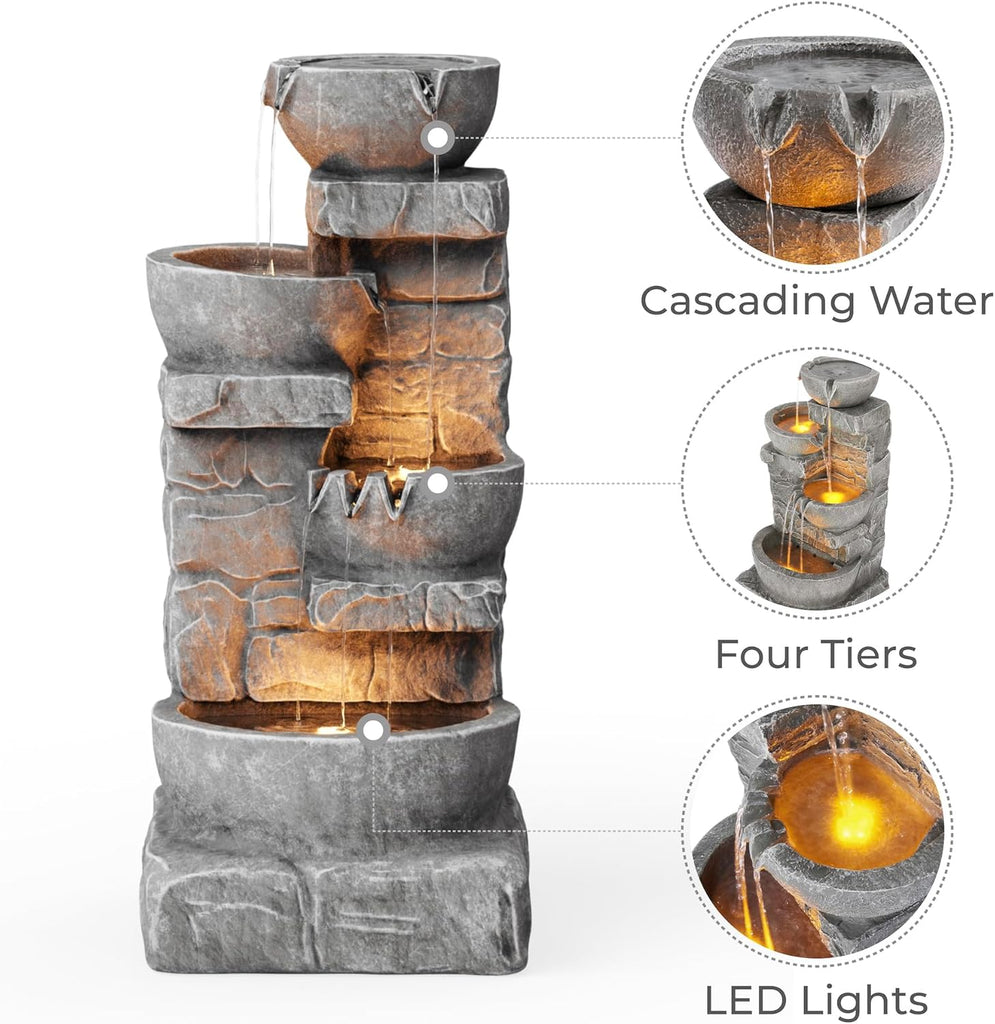 33.25 in. Cascading Bowls and Stacked Stones LED Outdoor Water Fountain for Gardens, Landscaping, Patios, Balconies