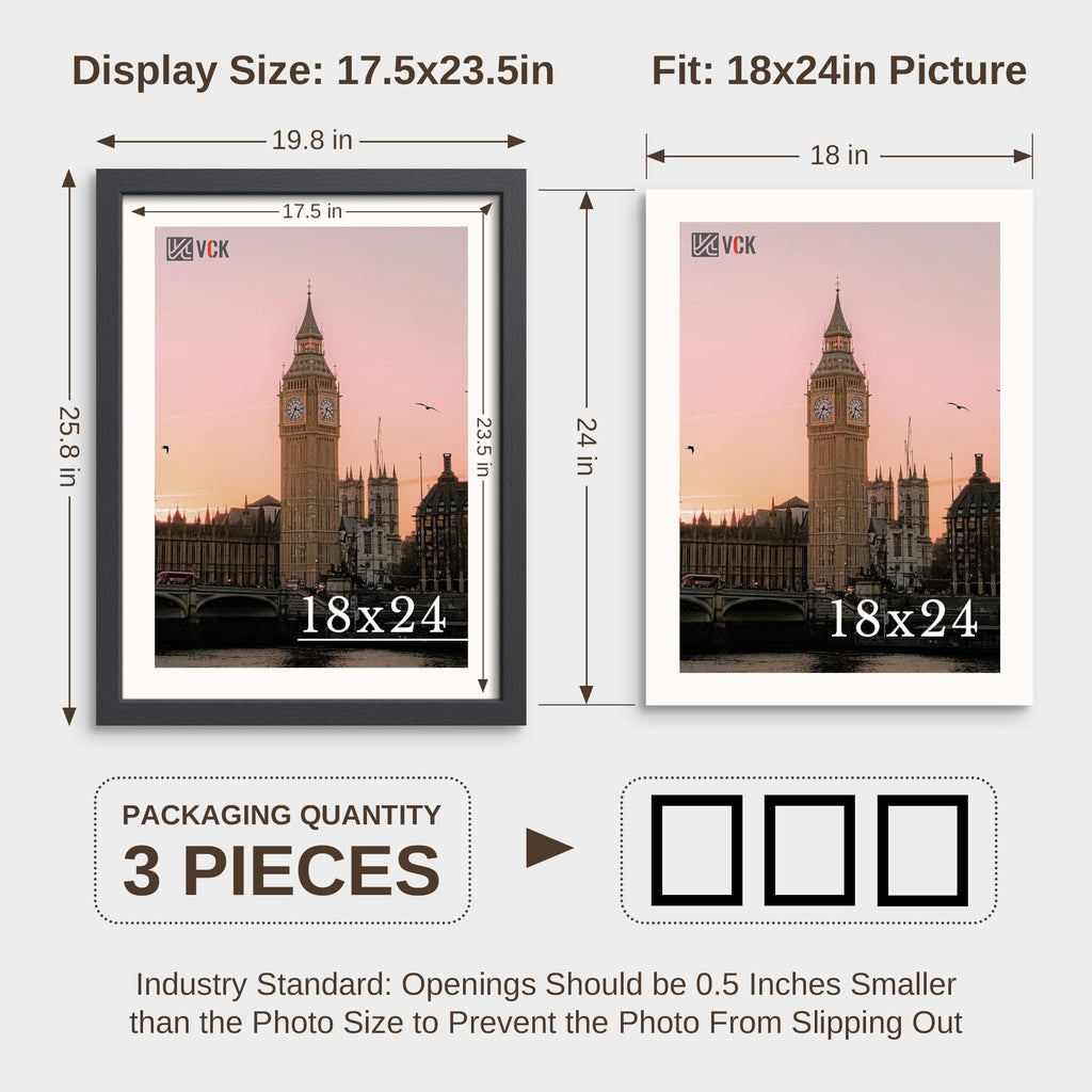18x24 Frame 3 Pack, Black Solid Wood Concert Poster Frames, Wall Decor