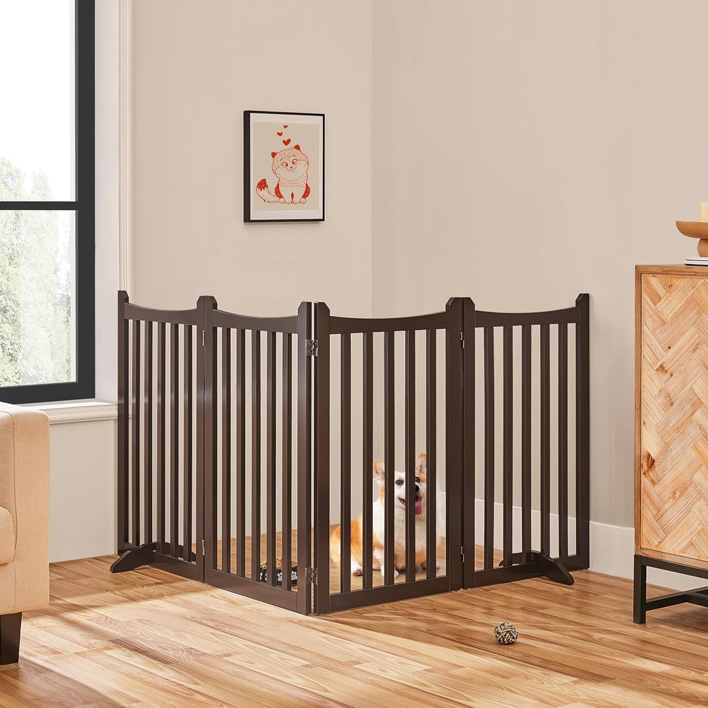 Freestanding Wooden Dog Gate, 36in H 4-Panel Pet Barrier