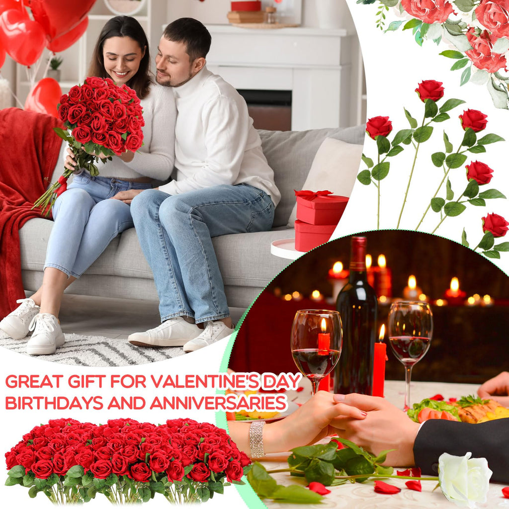 120 Pcs Artificial Roses Bulk, Long Stem Silk Bouquets, Red