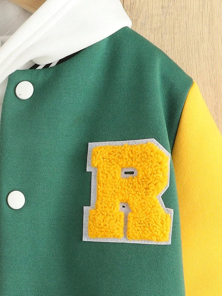 Boy's Letter Graphic Print Bomber Baseball Coat Button Front School Uniform Varsity Jacket