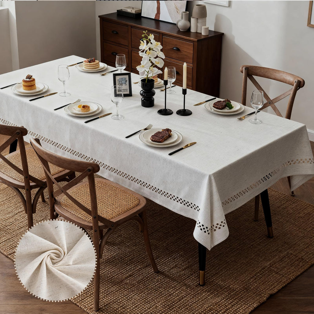 Natural Cotton Linen Rectangle Tablecloth 120x60 with Decorative Cutouts