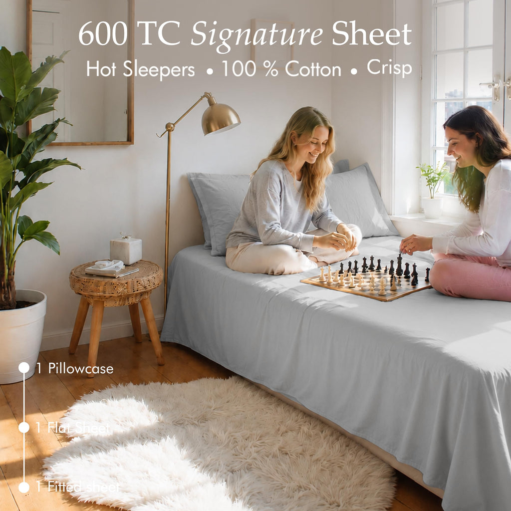 600 Thread Count Cotton Sheet Set, Sateen, Light Grey