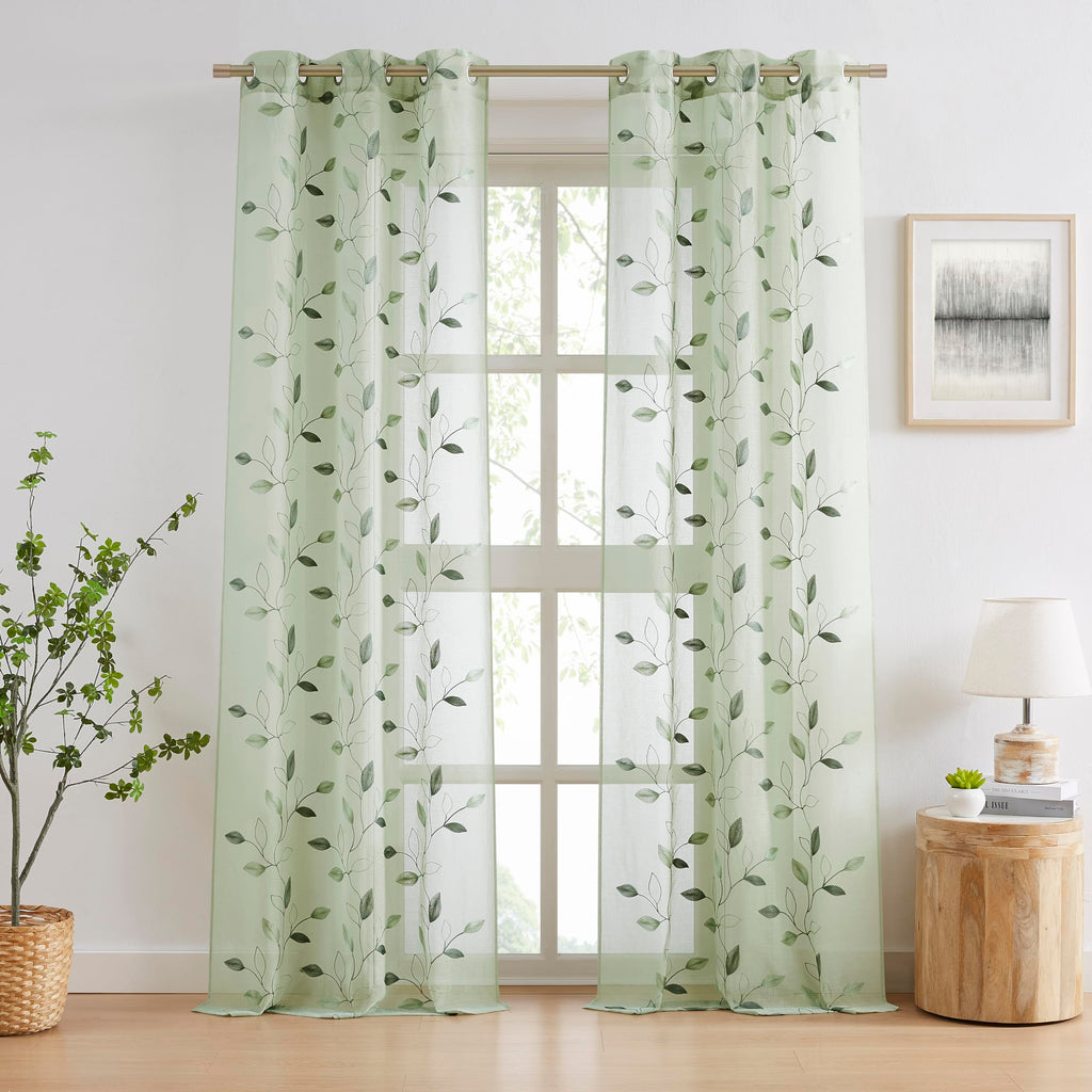 Embroidered Leaf Sheer Curtains, Sage Green 38" Wx84 Lx2