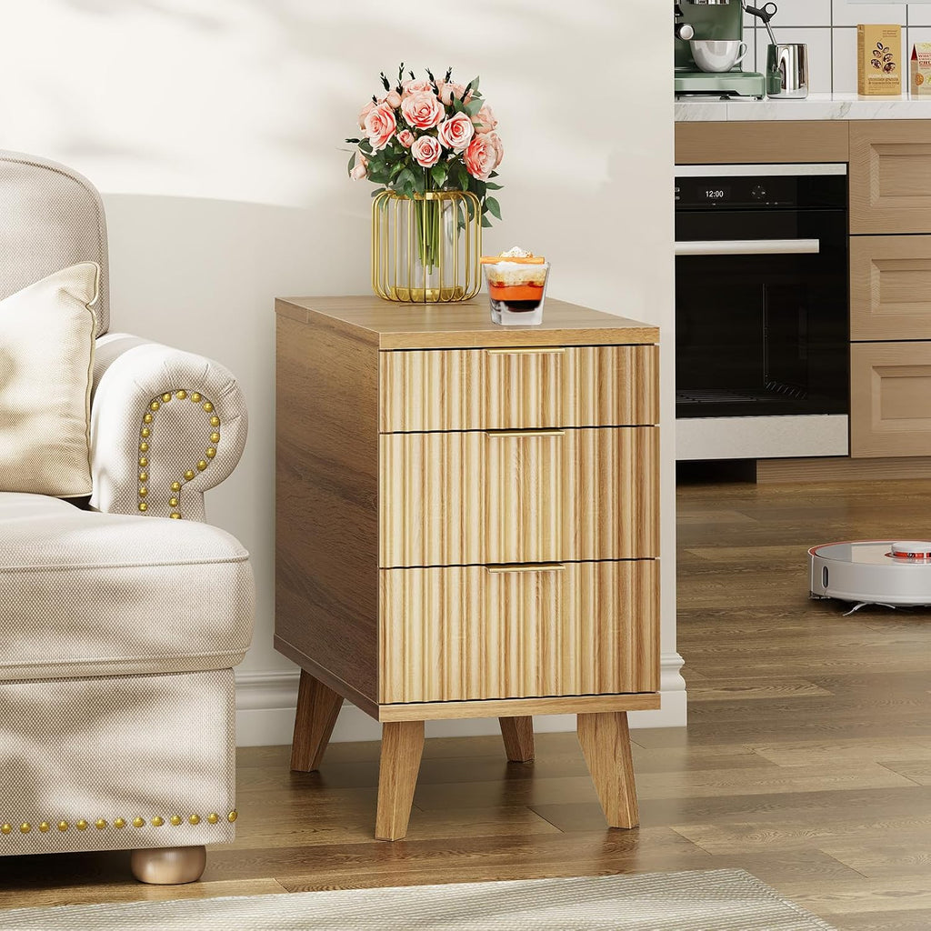Narrow Nightstand with Hidden Outlets & USB Ports, Modern Fluted Bedside Table with 3 Drawers, Engineering Wooden End