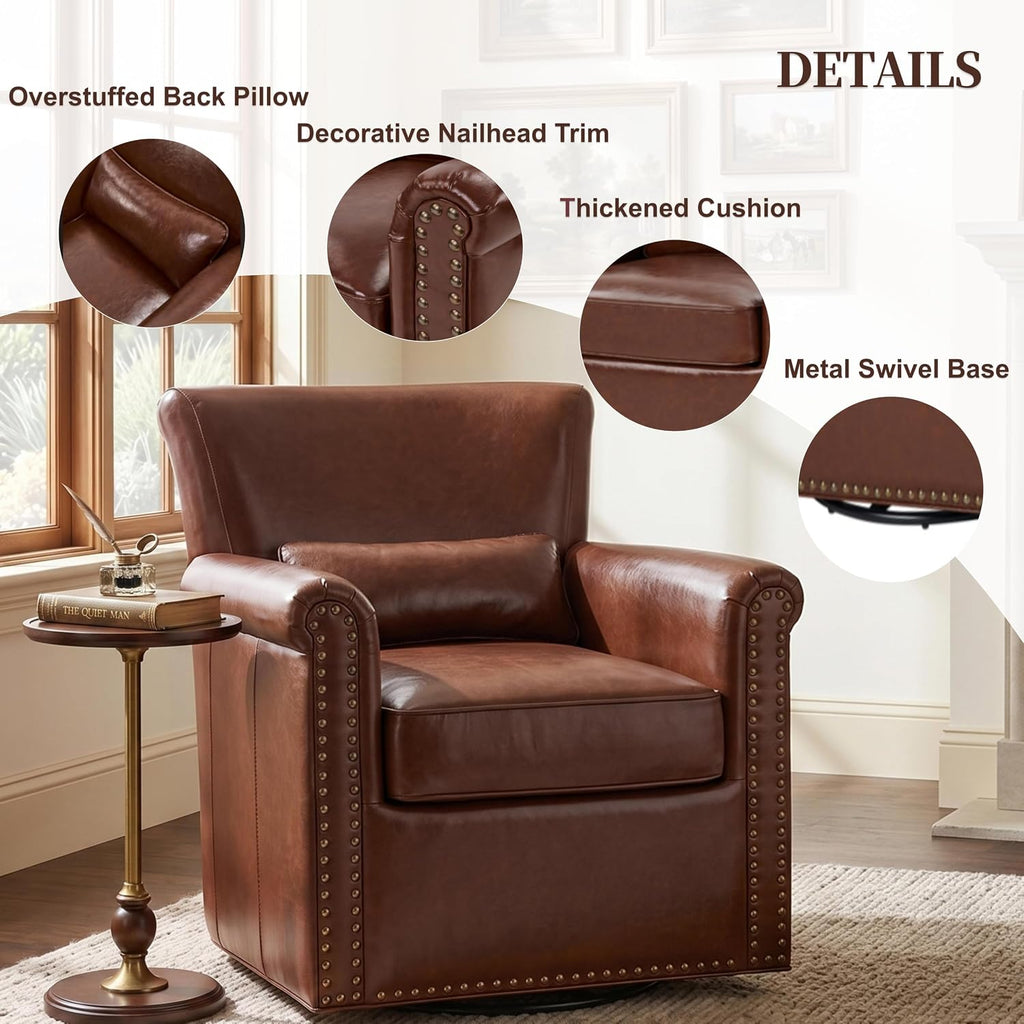 360° Swivel Accent Chair, Genuine Leather Swivel Barrel Chair, Brown