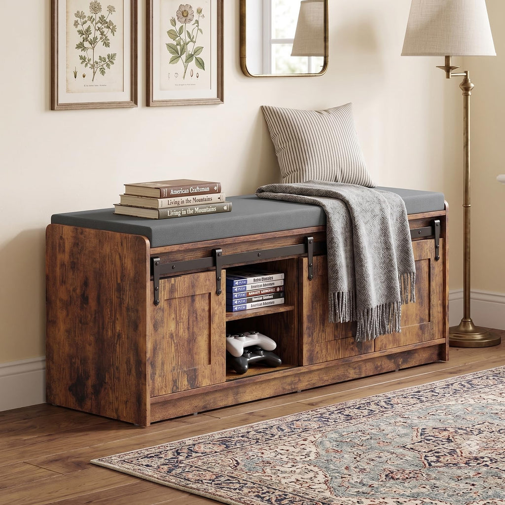 42" Farmhouse Shoe Storage Bench, Rustic Brown, 2pc
