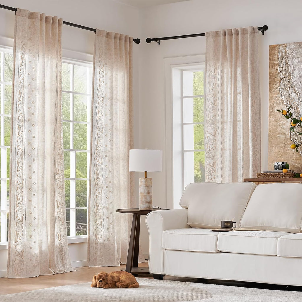 Winslow Linen Curtains for Bedroom 84 Inches Length Embroidered Bordered Floral Curtains for Living Room Farmhouse