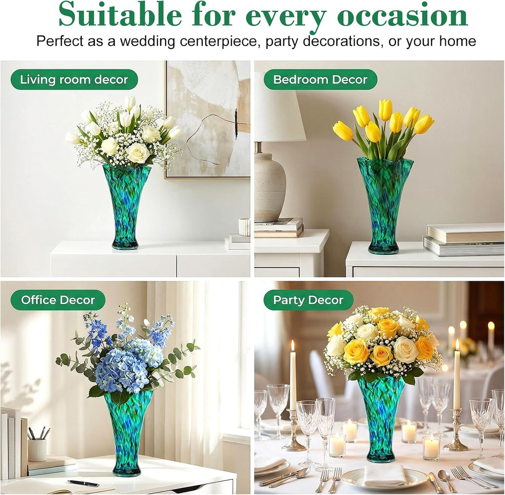 Teal Green Glass Vase for Flowers,10.8inch Hand Blown Vase