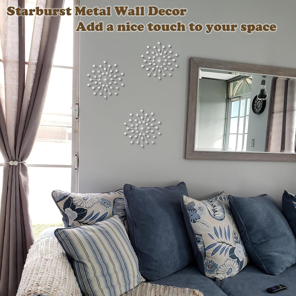 Modern Starburst Wall Decor, Metal Wall Sculpture with Crystal Accents, Silver 3D Wall Art, Elegant Hanging - Set of 3
