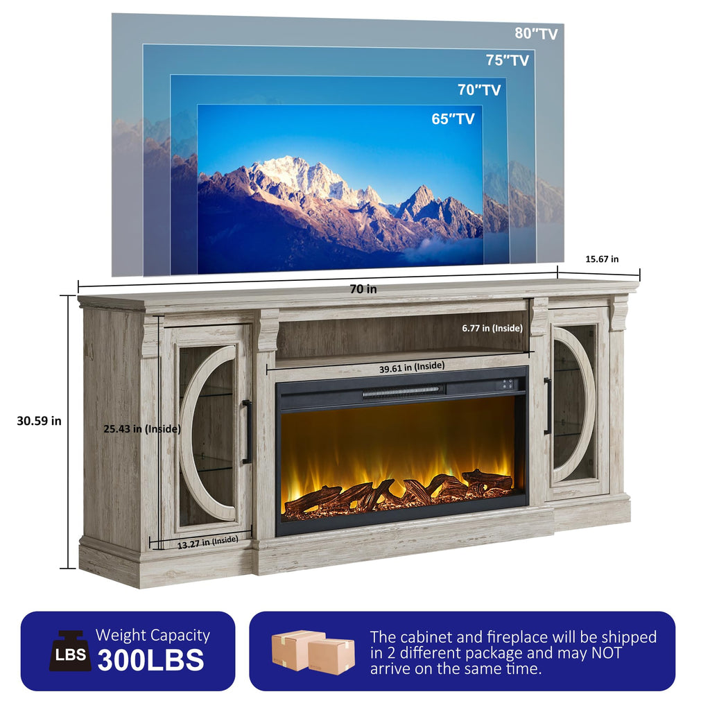Crescent TV Stand with Fireplace for up to 80 Inch TV, LED Entertainment Center with 36 Inch Electric Fireplace