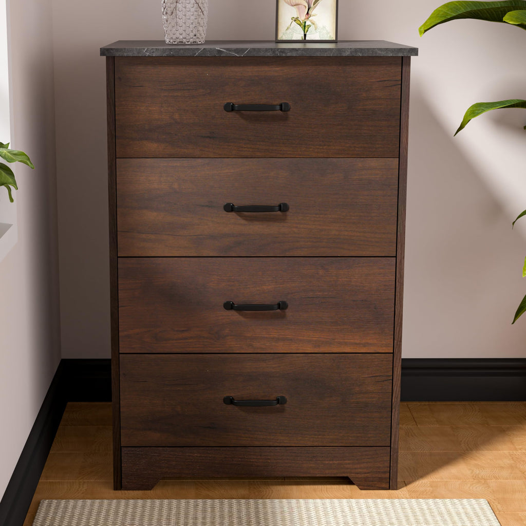 Farmhouse 4 Drawer Dresser, Small Wooden Chest of Drawers Classic White Dresser Living Room Entryway (Dark Walnut, 4