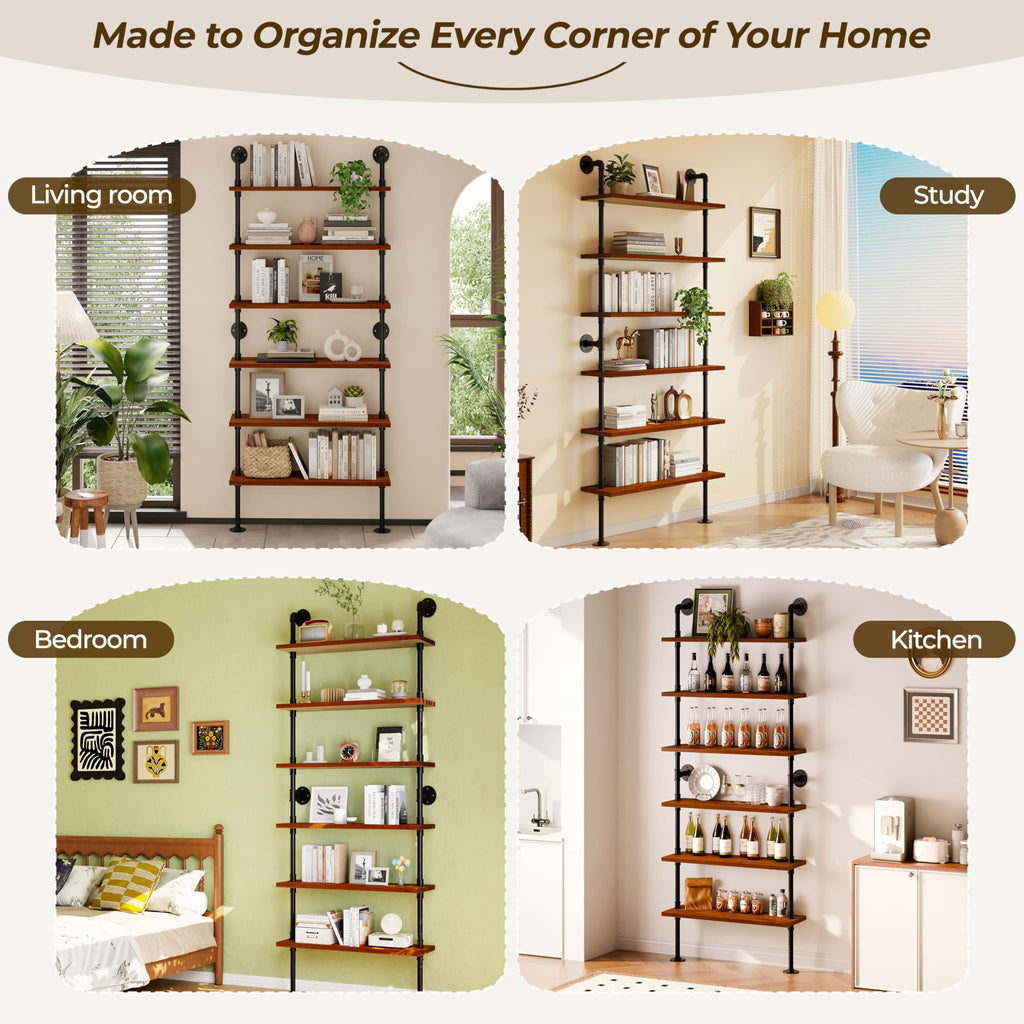 Industrial Pipe Bookshelf, Wall Mounted Shelf, 36 Inch, Walnut Brown