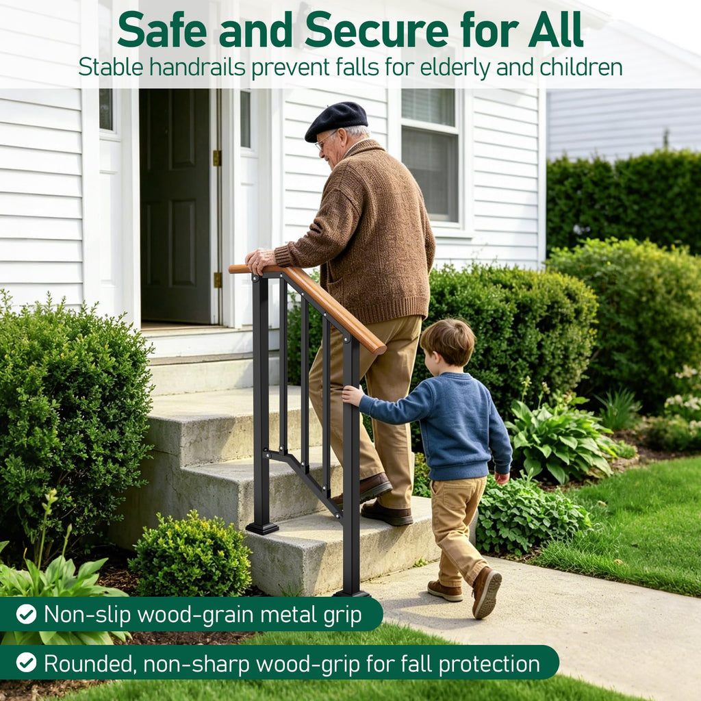 Hand Rails for Outdoor Steps 3-Step Railing Metal Wood-Grain