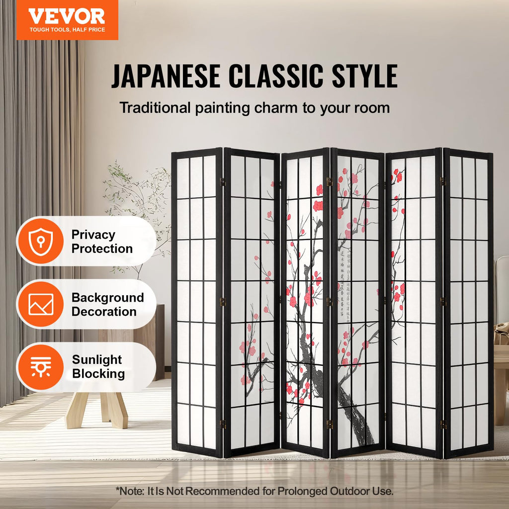 Room Divider, 6 Panel Japanese Room Divider Screen, Wood Folding Privacy Screen Indoor, Japanese Partition Portable