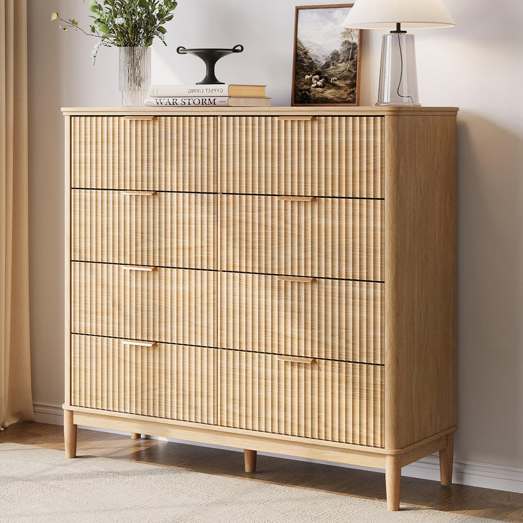Fluted 8 Drawer Dresser, 47" Wide Mid-Century Modern Tall Chest of Drawers, Curved Corner Design, Storage Dressers