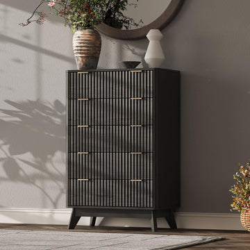 43" Hight Fluted 5 Drawers Dresser, Curved Edge, Black