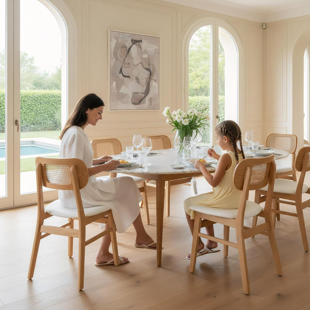 Rattan Dining Chairs Set of 4 Beige Linen Fabric Dining Room Chairs Natural Wooden Kitchen Chairs Farmhouse Boho