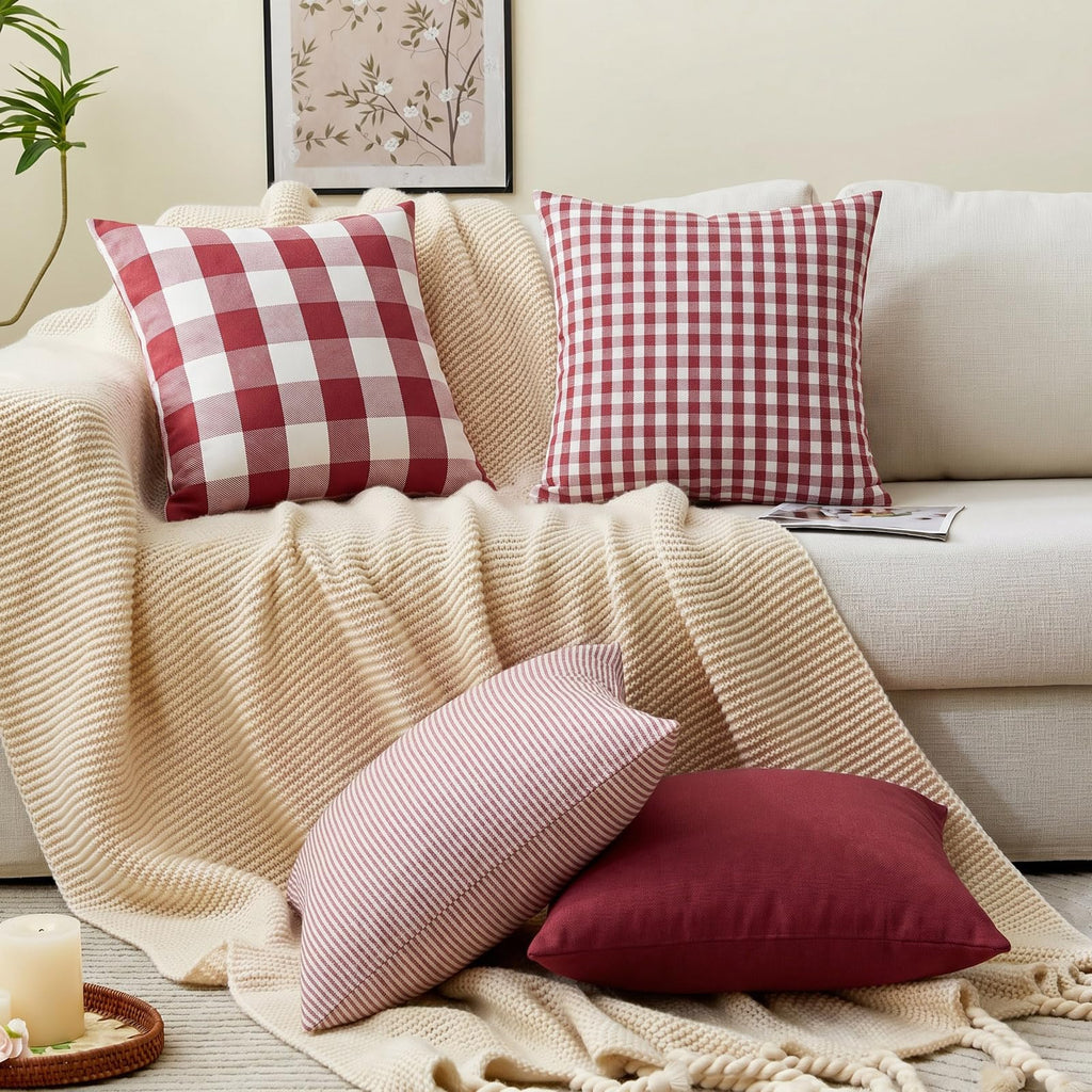 Red and White Buffalo Check Plaid Outdoor Throw Pillow Cover 20x20 Set of 4