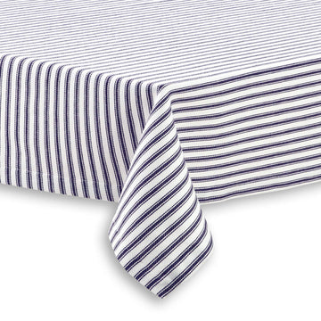 Navy Blue and White Ticking Stripe Woven Cotton Fabric Tablecloth, 70 Round