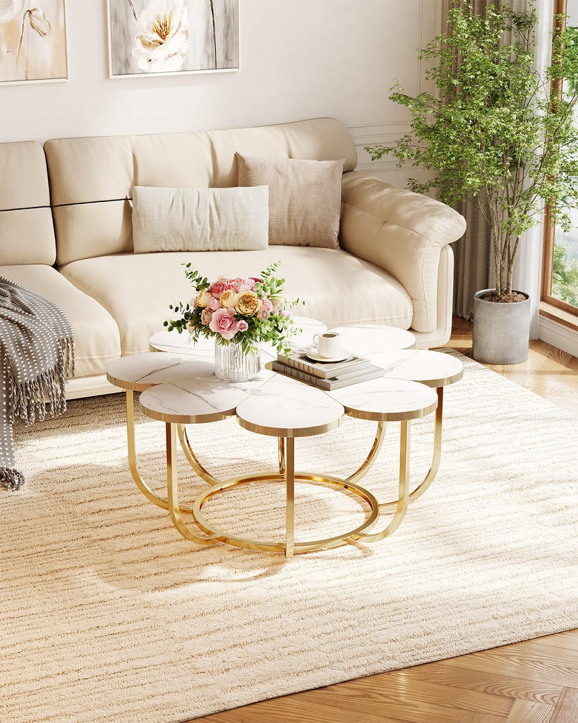 39.37-Inch White and Gold Coffee Table, Modern Flower-Shaped Center Table with Faux Marble Top & Metal Frame, Floral