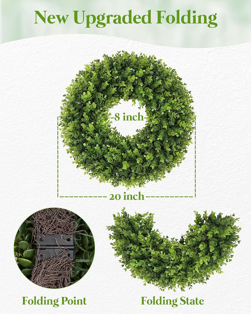 20 Inch Artificial Boxwood Wreath for Front Door, UV Resistant Outdoor Green Wreath, Waterproof Weather Resistant