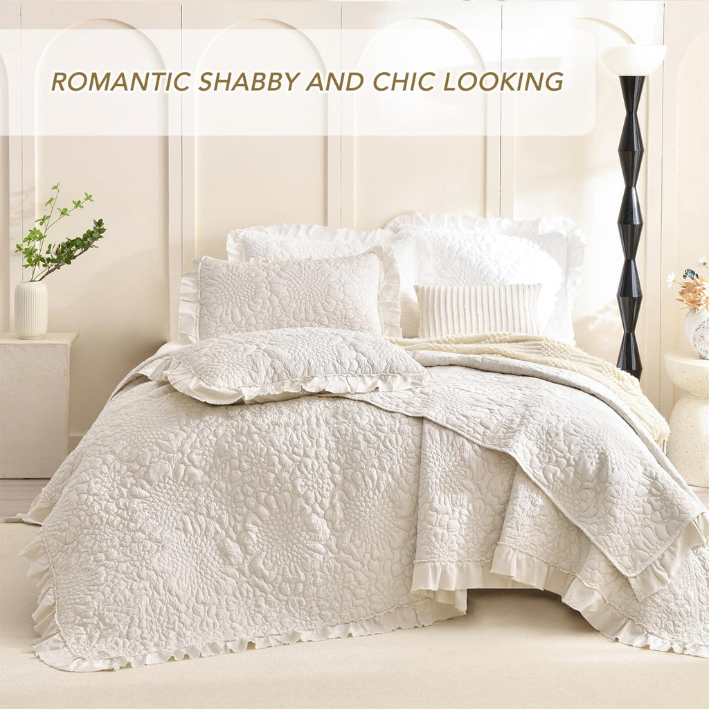 Wheat Quilt Sets, Stone-Washed Lightweight Ruffle Coverlet, 3Pcs Quilted Crinkled Shabby Bedspread Set