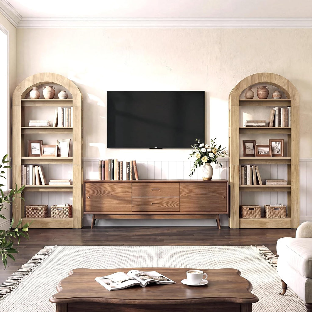 5-Tier Bookshelf, Arch-Shaped Racks, Tall Standing Wooden Bookcase Display Shelf Modern Storage Solution (2, Teak