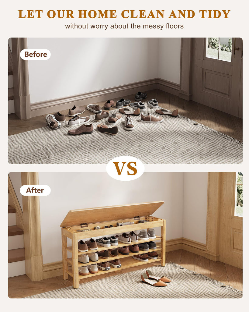 Shoe Rack Bench Seat Rubberwood 3-Tier Wooden Storage Bench 550lbs Compact Mid-Century Modern Design, Closet, Front