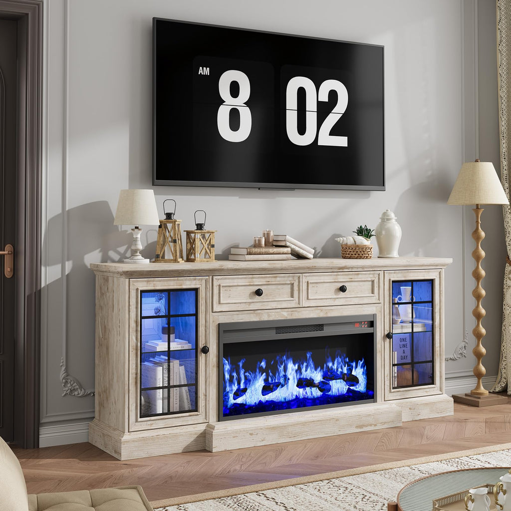 Fireplace TV Stand Up to 80" TVs, 70'' Modern Entertainment Center with 36" Electric Fireplace & LED Lights