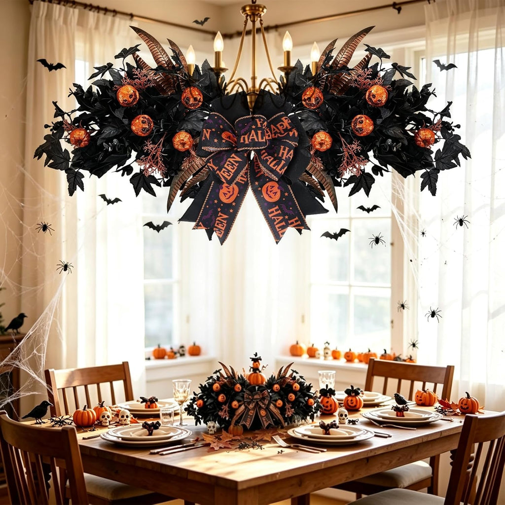 Halloween Front Door Swag Weath with LED Artificial Gothic Black Maple Glitter Evil Pumpkin Teardrop Swag