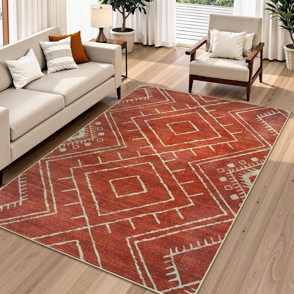 Western 5x7 Area Rug, Washable Orange Rugs Bedroom, Soft Non Slip Moroccan Tribal Rug Geometric Boho Area Rugs