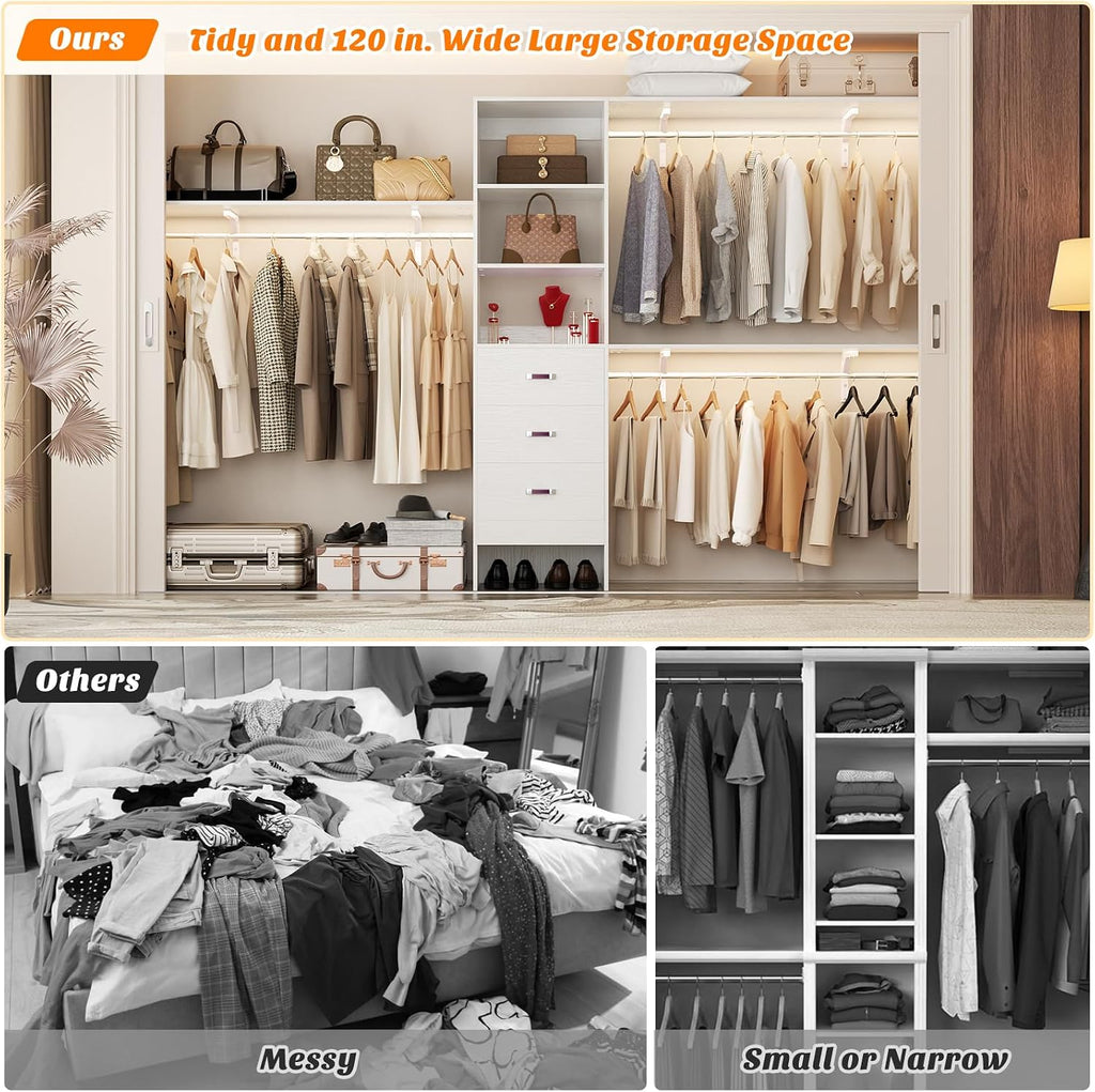 10FT Heavy Duty Closet System, 120 Inches Walk In Closet Organizer with 3 Wooden Drawers, 1300 LBS Built-In Wardrobe
