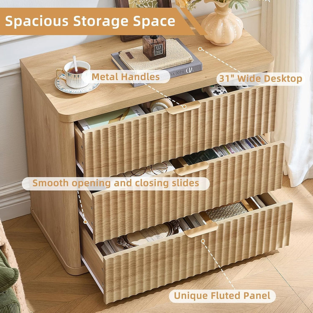 31" Wide Fluted Nightstand for Large Spaces, Oversized Extra 3 Drawers Night Stand, Wood Bedside Table, Tall Bed Side