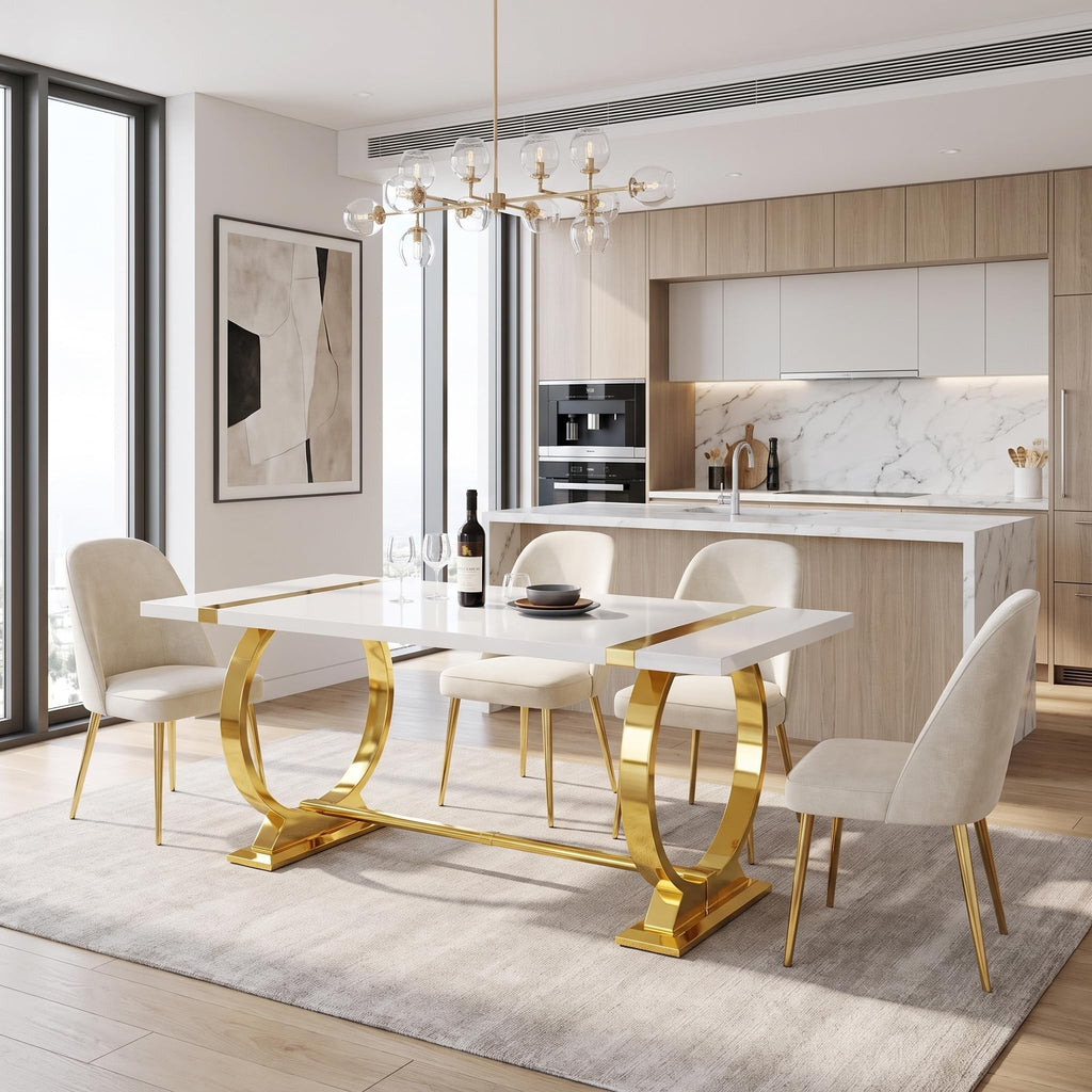 60" White and Gold Dining Table with Stainless Steel U-Base for 4-6