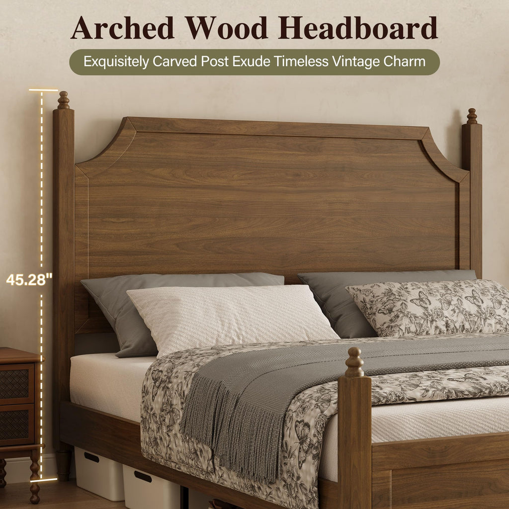Wood Bed Frame with Curved Headboard, Vintage Bed, Brown