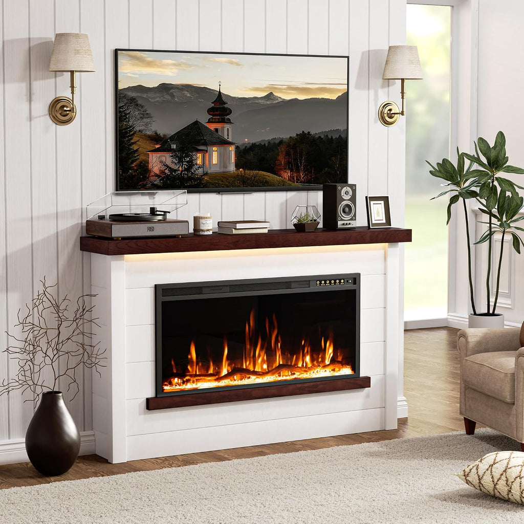 60" Electric Fireplace with Mantel, Fireplace TV Stand with 42"Electric Fireplace Heater, Remote Control